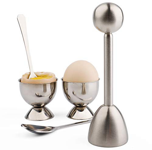 Egg Cracker Topper Cutter Set for Soft Boiled Eggs - Stainless Steel Shell Remover Separator With 2 Cups, 2 Spoons, 1 Topper