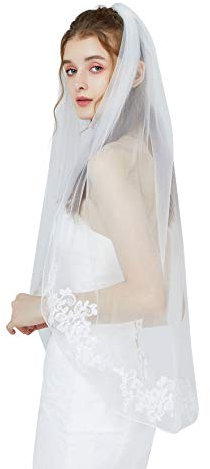BEAUTELICATE Schleier Brautschleier Spitzenborte für Braut Hochzeit Softtüll Weiß Ivory Fingerspitzen Länge mit Metall Kamm Kurbelkante 1 Schicht (Weiß, Länge: 100 cm * Weite: 130 cm)