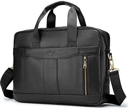 BAGZY Laptoptasche 15.6 Zoll Aktentasche Herren Umhängetasche Geschenk für Männer Handtasche Echtes Leder Business Tasche Notebook Bürotasche (Schwarz)