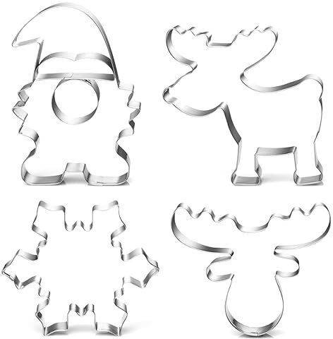 Ausstechformen Weihnachten Ausstecher Wichtel, 4PCS Keksausstecher Weihnachten aus Edelstahl, Plätzchenausstecher Wichtel, Elchkopf, Elch, Schneeflocke Ausstecher für Torten Fondant Kekse Backen