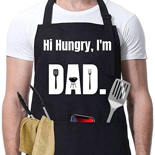 Lustige Schürzen für Männer, Geschenke zum Vatertag, Hi Hungry, I'm Dad Schürze, Herrenschürze, Vaterschürze für Küche mit Taschen, Grillschürzen, Geburtstagsgeschenke für Vater, Sohn, Ehemann,