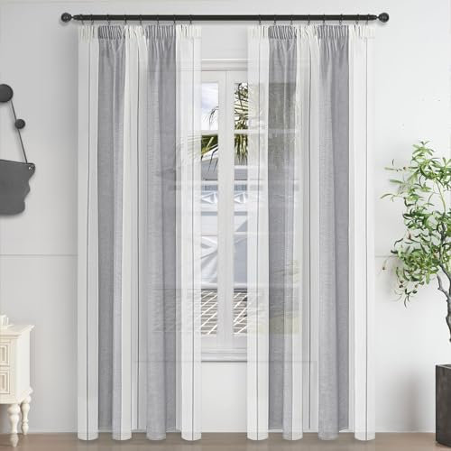 MRTREES Gardinen mit Kräuselband Gestreift Vorhänge vorhänge Schlafzimmer Modern Vorhangschals 2er Set Vorhang Stores Gardine Halbtransparent Grau und Weiß 225×140cm