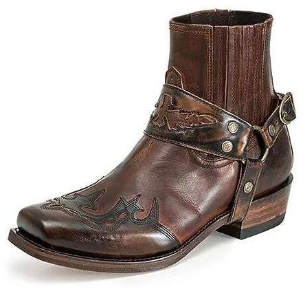 Västerländska ankelstövlar med spänne och rem för män retro läder fyrkantig tå cowboy korta stövlar cowboy motorcykelstövlar