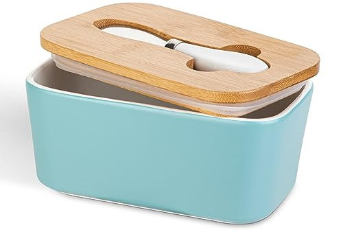 Beurrier en céramique avec couvercle en bois et couteau à beurre multifonction en acier inoxydable, récipient à beurre avec joint en silicone de haute qualité, boîte à beurre pour beurre, noix,