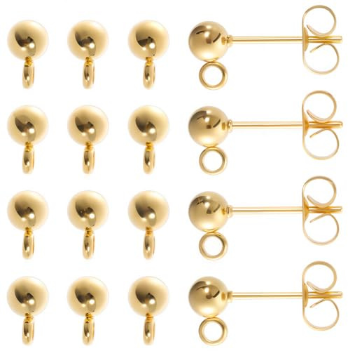 SUNNYCLUE 1 boîte de 80 clous d'oreilles en plaqué or 18 carats avec boucle de 4 mm, 40 tiges de boucles d'oreilles, 40 fermoirs papillon pour la fabrication de bijoux, accessoires de fabrication de