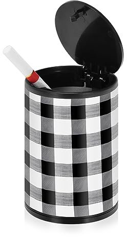 Karierter schwarz-weißer Aschenbecher für Zigaretten im Freien mit Deckel, geruchsdicht, Edelstahl, tragbar, rauchfrei, Mini-Mülleimer mit Deckel, Autobecher