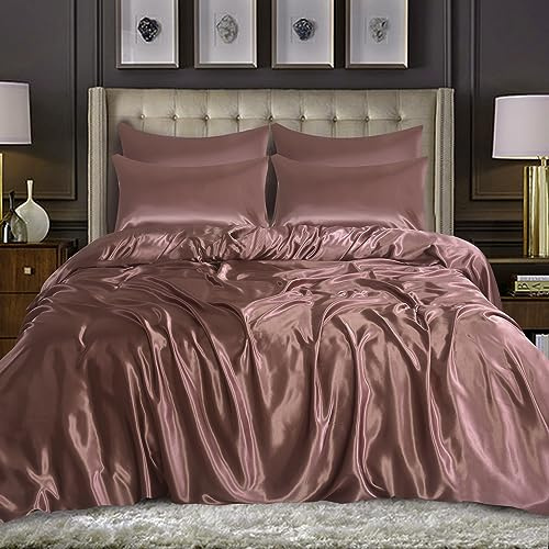 WEAVERS: Luxurious 6-Piece Silky Satin Bedding Set, Smooth & Glossy Finish, Includes Reversible Zipped Duvet Cover, 1 Fitted Sheet, and 4 Pillowcases. (Colour Blush Pink Size Double)