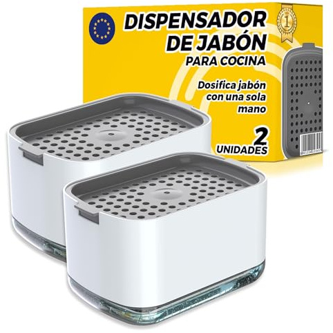 Dispensador Jabón Cocina Pack de 2 Porta Estropajo - Dosificador Lavavajillas para Organizar Fregadero - Encimera Limpia y Ordenada Color Blanco