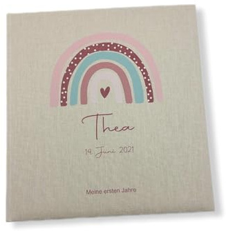 Tenii® Fotoalbum personalisiert Baby, Kind Regenbogen Punkte rot Leinen, Erinnerungsalbum (25x25cm - 60 Seiten)