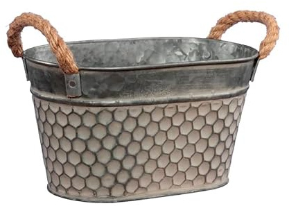 RiloStore 3 STK Pflanzschale Wabe 16x11x10cm Blumentopf Zinktopf o806 grau Bienenwabe Zinkschale oval Seil Griffe Jardiniere Metallschale Gartendeko Pflanzkübel Nostalgie Vintage Zink