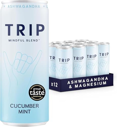 TRIP Mindful Blends - Cucumber Mint Sparkling drink with 120MG Magnesium + Lion’s Mane + Chamomile + Lemon Balm. Low Calorie and Vegan (Pack of 12 x 250ml) - Packaging Might Vary