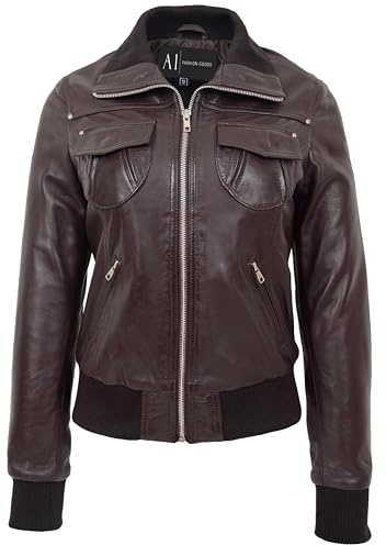 A1 FASHION GOODS Giacca bomber da donna in morbida pelle, alla moda, casual, Varsity AVA, Marrone, 42