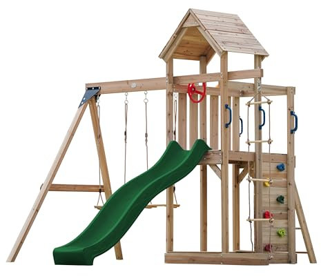 AXI Moos Casetta in Legno Bimbi Completa, 2 Altalene, Scivolo Verde, Scala di corda/Parco giochi all'aperto con Altalene/Sabbiera/Muro di Arrampicata | Casetta in legno da esterno su palafitte