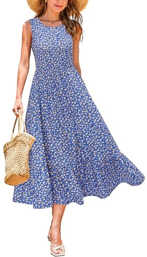 STYLEWORD Women's Summer Dress Ladies Sleeveless Floral Midi Dresses Ladies A Line Swing Casual Sundress with Pockets