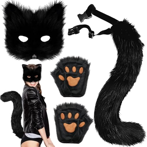 XIEXIESHER 3 Stück Katze Fuchs Cosplay Set - Pelzige Maske, Handgefertigte Wolf Ohren, Schwanz Kostüm, Handschuhe - Karneval Halloween Party Kostüm (Schwarz)