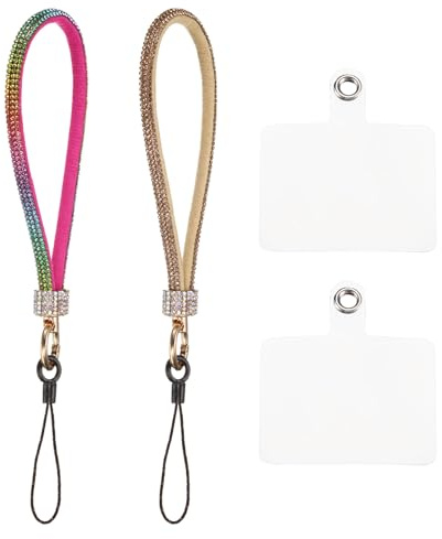 QUARKZMAN 2Pcs Lanière de Téléphone Universelle Multicolore Doré | Dragonne Détachable avec Paillettes et Patchs pour Téléphone, Cordon Brillant pour Bricolage, Porte-Clés