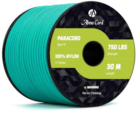 Abma Cord Paracord 750lb 4mm 30M 100% Nylon Seil 11 Kern Typ IV Schnur für Basteln, Camping, Survival, Outdoor - Max. 340kg - Türkis