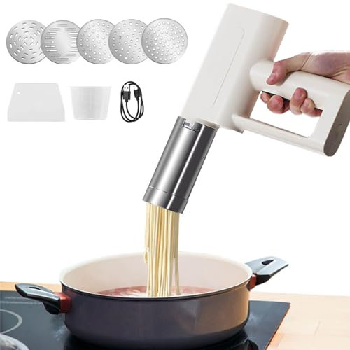 Aredwhiterui Handheld Electric Pasta Maker, 5-in-1 Cordless Pasta Machine - 25s Fast Pressing, Homemade Spaghetti Maker with Cutter & Measuring Cup,White