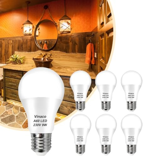 Vinaco Glühbirne E27, 6 Pack High Output LED Warmweiss 2700K 800LM 9W, Equivalent 60W Bulb, LED Birne No Flicker E27 Base, Non-Dimmable Leuchtmittel Long Lasting Throughout 25 Years