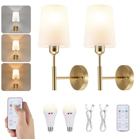 QCXWCJWD Battery Operated Wall Sconce, 2 Pack Dimmable Wireless Wall Lamp with 3 Color Temperatures, 5000mAh Rechargeable Wall Sconces for Bedroom, Living Room, Stair - Gold