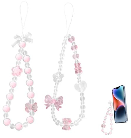 2PCS Bow Phone Charm Beaded Strap Lanyard with Pink Crystal Chain for Women and Girls - Aesthetic Keychain, Backpack, and Wallet Decoration