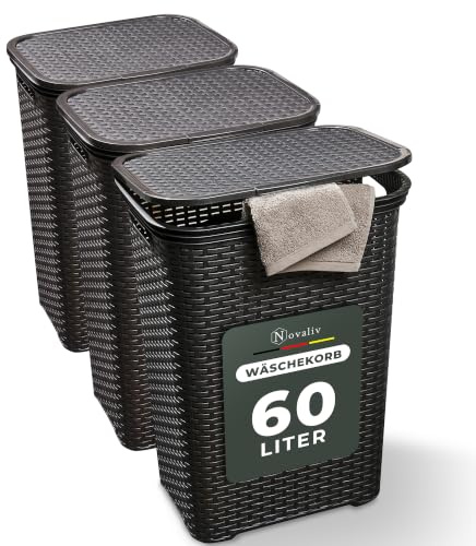 Novaliv 3 Stück Rattan Wäschekorb mit Deckel 60L Schwarz, Wäschebox Set Wäscheeimer Wäschebehälter modern für Bad Wäsche Schmutzwäsche, Wäschekörbe Schmutzwäschebehälter Sammler Korb