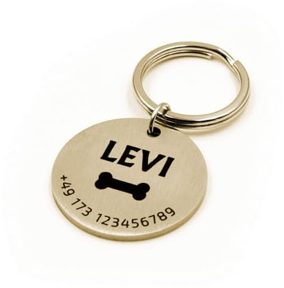 FELLSOCKE Personalisierte Hundemarke aus Edelstahl Matt - 25mm | 30mm, Individuell gravierbar, Robuste Tiermarke, Dogtag Anhänger Hunde, Pferde, Katzen & Welpen (Goldfarben, 30 mm)