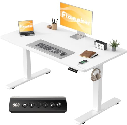 Flamaker Höhenverstellbarer Schreibtisch Ganze Tischplatte 110 x 53 cm, Schreibtisch Höhenverstellbar Elektrisch mit Memory Steuerung, Gaming Tisch mit Sitzende Erinnerung und USB-Aufladung (Weiß)