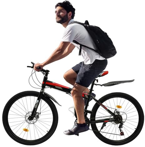 BYUAK 26 Zoll Faltrad, Erwachsenenrad 21-Gang Schaltung Quick-Fold-System, Höhenverstellbar Klappfahrrad, Perfekt für Pendler Stadt und Camping für 165-195 cm Damen und Herren (Schwarz+Rot)