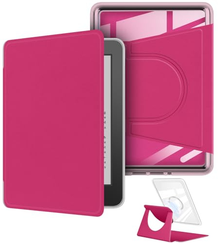 Schutzhülle für Kindle, um 360 Grad drehbar, abnehmbares magnetisches Design, verstellbare Standfunktion, transparente Rückseite mit automatischer Sleep/Wake-Funktion, Himbeere, 15,2 cm (6 Zoll