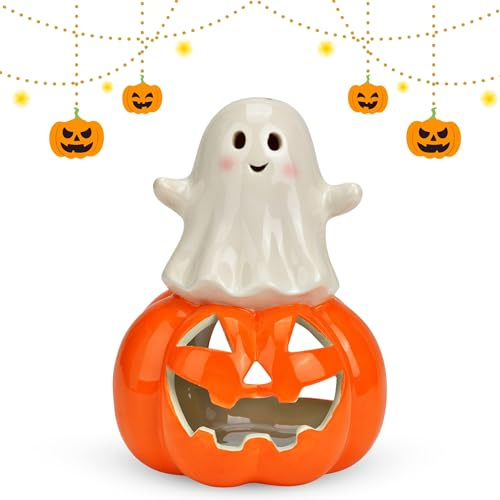 Windlicht Geist Halloween & Herbst Deko - Süßer Kerzenhalter aus Keramik - Teelichthalter 12 x 16 cm mit LED Teelicht