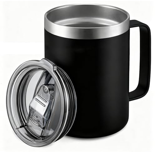 Senshuomy Thermal Mug, Insulated Mug with Handle and Sliding & Straw Lid, Leakproof Reusable Double Walled Vacuum Stainless Steel Travel Camping Coffee Cup,Dishwasher Safe (Black/16oz)