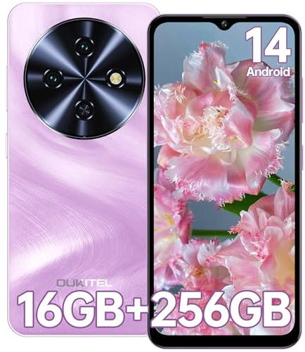 OUKITEL C5 Telefonos Moviles Libres 2025, 6.52 HD Pantalla Movil, 16GB+256GB/TF 1TB, Batería 5000mAh Android 14 Smartphone, Cámara 13MP+5MP, 4G Dual SIM/Face ID/GPS/3.5mm Jack/Altavoz 95 dB, Rosa