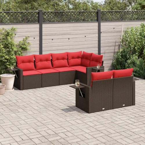 Set di 7 divani da giardino in polyrattan marrone con cuscini spessi tavoli pieghevoli, resistenti ai raggi UV, modulari per terrazza, balcone, giardino