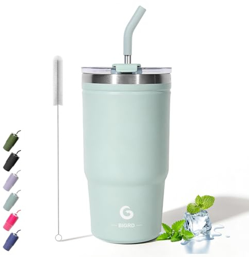 BIGRD 591 ml isolerad kaffekopp resemugg med sugrör och lock 591 ml, läckagesäker rostfritt stål kontorsvattenflaska håller kallt och varmt i 8 timmar, havsskum