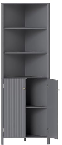 GIANTEX Badezimmerschrank, Eckschrank mit 3 offenen Regal & 2 Türen, Aufbewahrungsschrank mit verstellbaren Ablagen, Badschrank 42,5 x 42,5 x 172,5 cm (Grau)