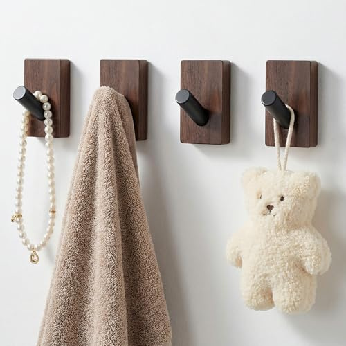 Afcabakila 4 Pack Wooden Wall Hooks for Hanging,Walnut Boho Decorative Wooden Pegs, Adhesive and Screw Mounted Heavy Duty Coat Hooks for Towel, Clothes, Hat, Bag, Entryway, Bathroom, Nursery Door