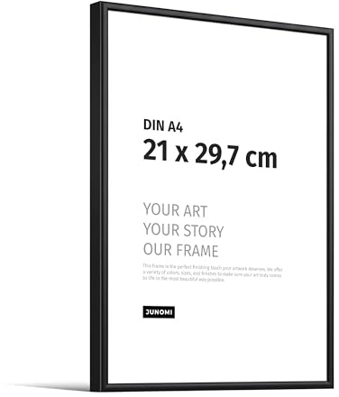 JUNOMI® Bilderrahmen A4 (21x29,7 cm), Aluminium Schwarz matt, Posterrahmen | Aufsteller an der Rückseite, zum Aufstellen oder Aufhängen an der Wand, schmaler Rahmen aus Aluminium mit Acrylglas