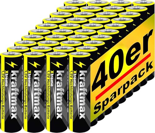 Kraftmax 40er Pack AA Batterien – Mignon Alkaline Batterien 1,5 V – Hochleistungs-Longlife Energie – Ideal für Fernbedienungen, Spielzeug, Haushaltsgeräte, Elektrogeräte