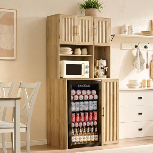 Okvnbjk Mini Fridge Cabinet with Storage & Power Outlets — 73 Tall Fluted Coffee Bar Cabinet with 5-Tier Shelves & Microwave Shelf for Kitchen, Dorm, Living Room, Dining Room (Oak)