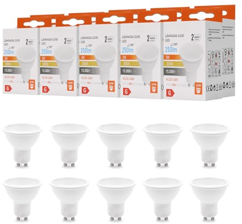 Maxled, Light is Led! 10x Bombillas LED GU10 3W Equivalente a 22.5W 250LM Luz Blanca Cálida 3000K Larga Duración Bajo Consumo Aptas para Iluminación de Carril Casas Empotrada CA 220-240V No Regulable