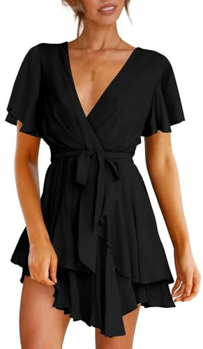 BKEPDY Vestito Donna Maniche Corte Scollo V Orlo a Volant Pieghe Abiti Miniabito da Sera Cocktail Party(Nero/L)