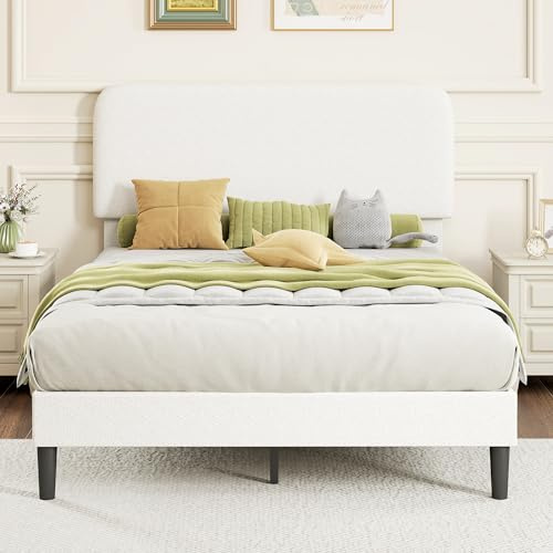HOMCOM Cama Doble Tapizada en Borreguito, 135x190 cm, Cama Matrimonio con Cabecero Ajustable en Altura, Listones de Madera, Blanco