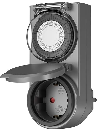 HBN Zeitschaltuhr Steckdose Aussenbereich, 24 Stunden Mechanische Zeitschaltuhr, IP44 Wasserdicht, Timer Steckdose mit Schutzabdeckung, 16A/3680W, Anthrazit