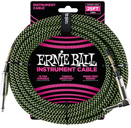 Ernie Ball Geflochtenes Instrumentenkabel Gerade/Winkel 7,62 m - Schwarz/Grün