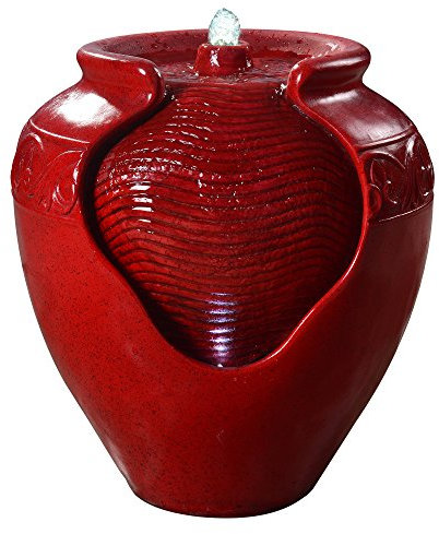 Teamson Home Garden Water Feature with Lights, Outdoor Tiered Small, Red Pot Water Fountain, Indoor Cascading Waterfall & Pump Ornament, Patio Decor