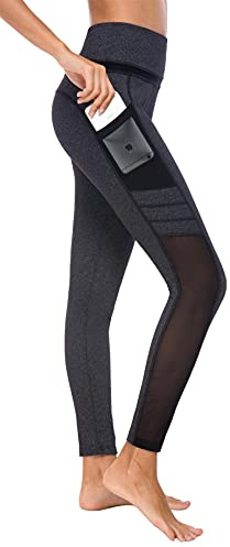 Flatik Damen Netzoberfläche Sport Gym Yoga Laufen Fitness Leggings Hose, Dunkelgrau/Schwarz (0903), M