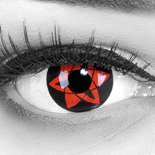 Meralens 1 Paar Farbige Anime Manga Kontaktlinsen Ohne Stärke mit Kontaktlinsenbehälter - Sharingan Sasuke Ewiges Mangekyou rot schwarz perfekt zu Hereos of Cosplay Halloween rote 12 Monatslinsen