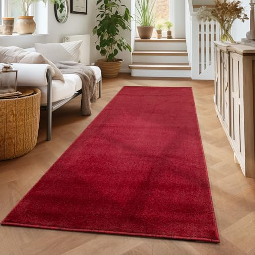 Carpettex Teppich Kurzflorteppich, einfarbig, für das Wohnzimmer, super weich, in verschiedenen Farben und Größen erhältlich, Farbe: Rot, Größe: 80 x 250 cm