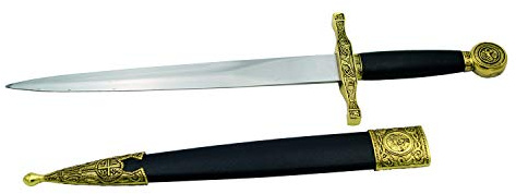 AMONT Dolch Mittelalterliche 15780G, Knopf und Schutz aus Antikgold mit Zeichnungen, schwarzer Griff. Gesamtlänge 39,5 cm mit Stahlklinge. Die Hülse ist schwarz mit goldenen Details.